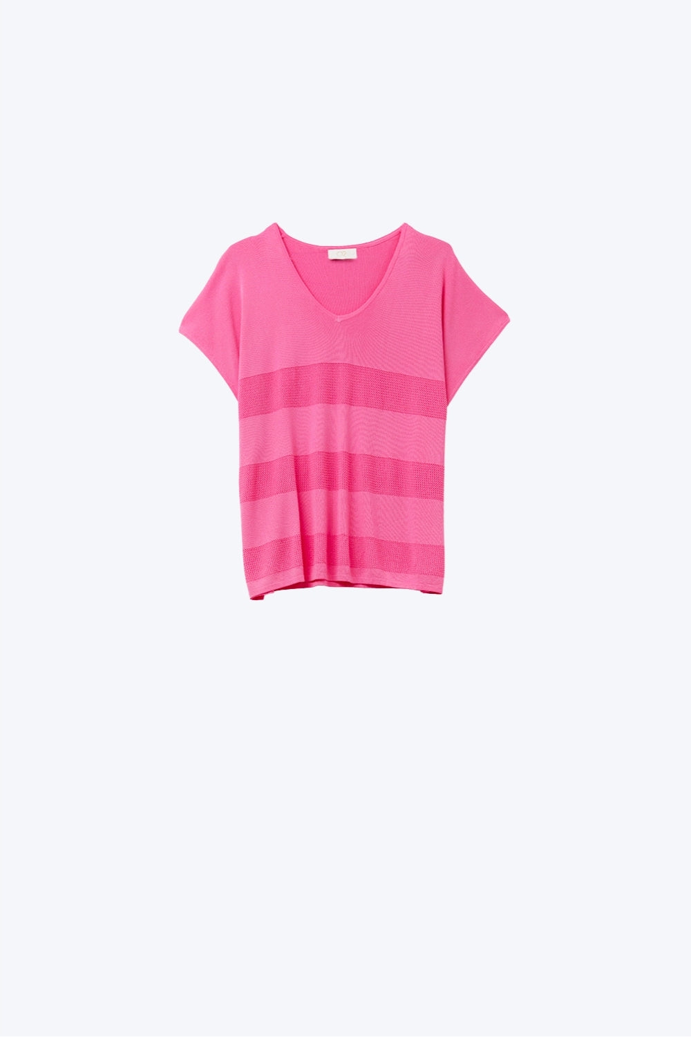 Fuchsia V-neck knit sweater with open stitch detail