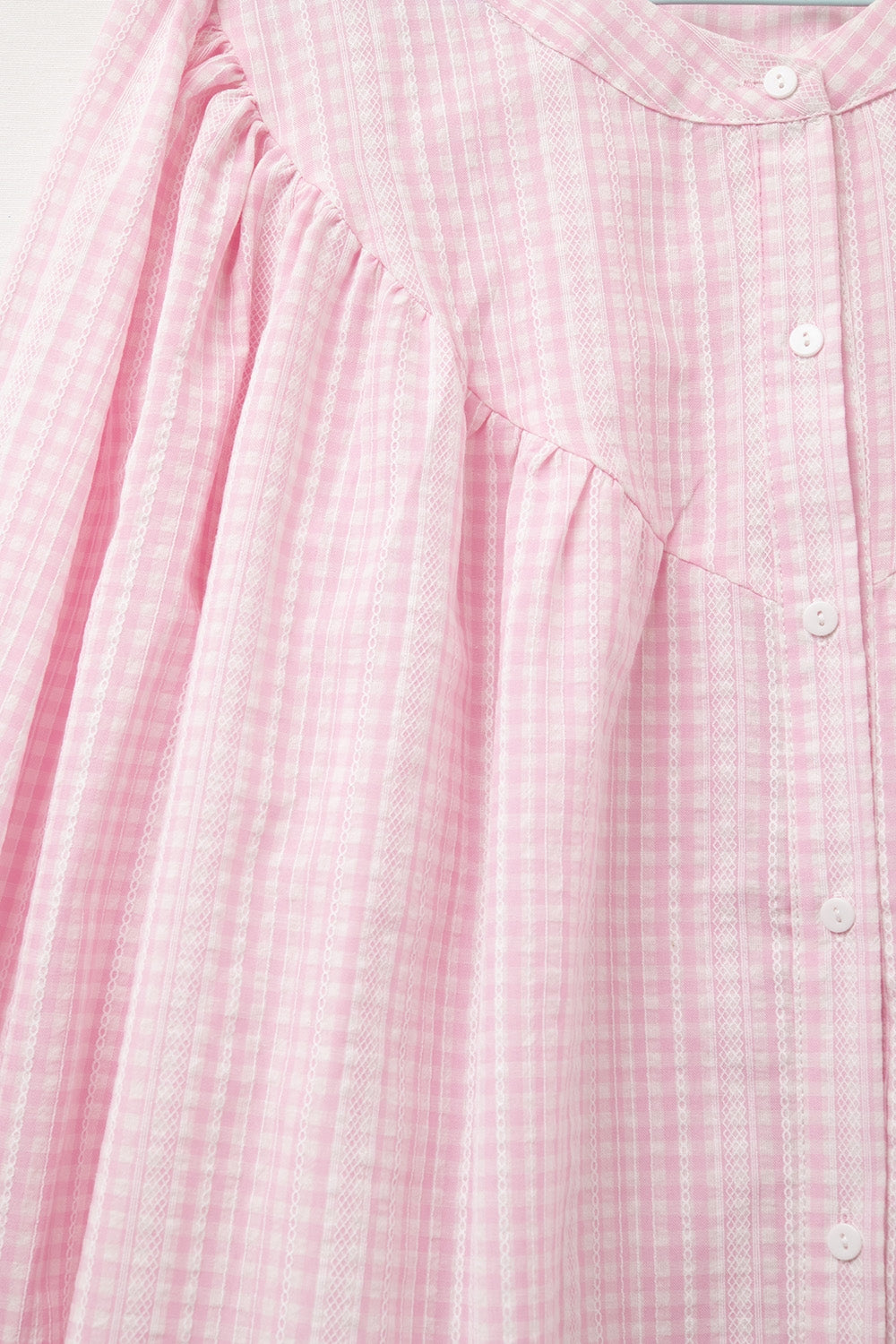 Gingham Pale Pink Collarless Blouse With Wide Sleeves