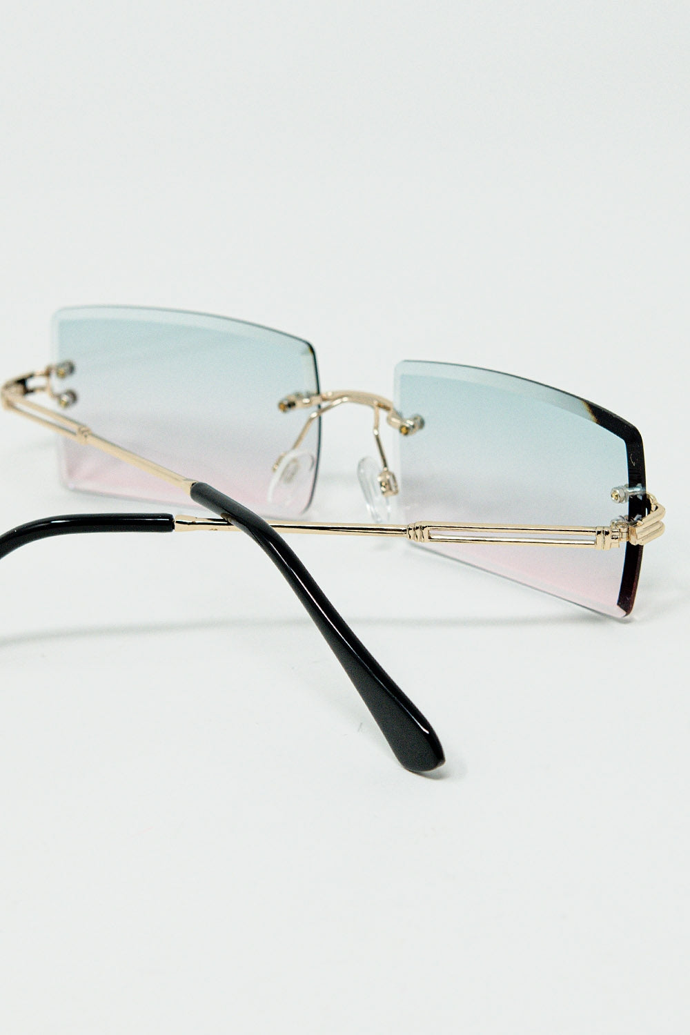 Gold Thin Rimless Square Sunglasses with Turquoise and Pink Gradient Lenses