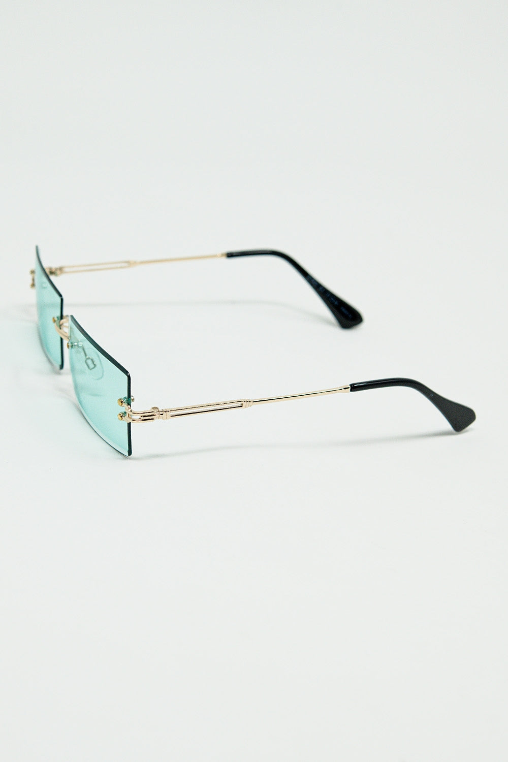 Gold Thin Rimless Square Sunglasses with Turquoise Lenses