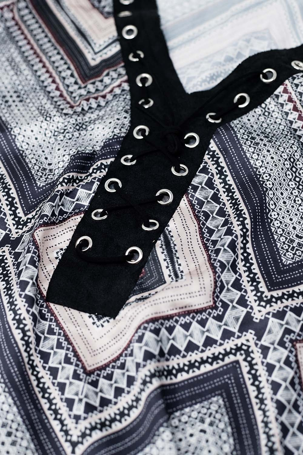 Grey Shirt with Geo Print and Cross Tie Neck Detail