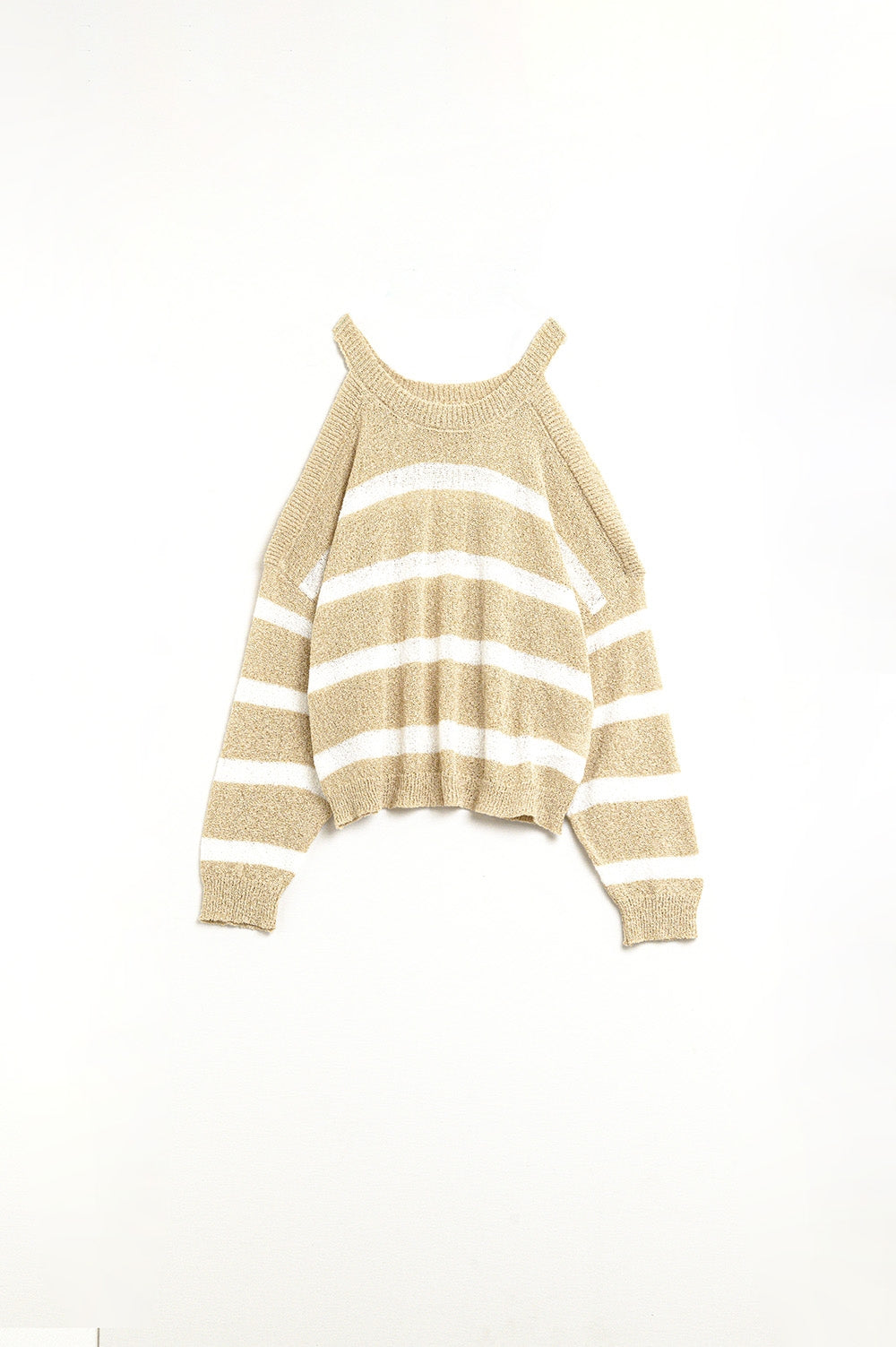 Heather Sweater With Open Shoulders and Horizontal Stripes in Beige