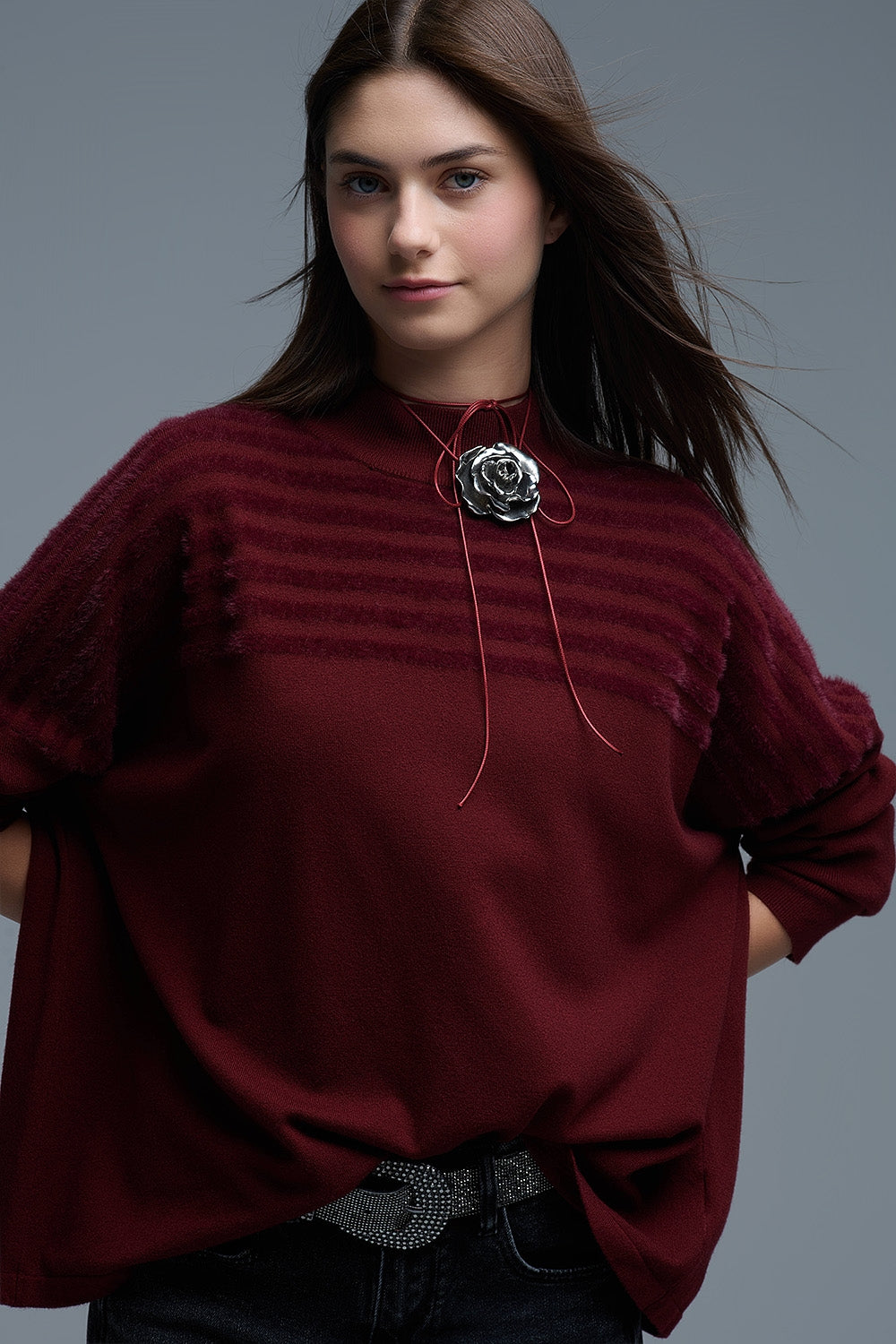 High Neck relaxed Sweater With Textured Stripes in Burgundy