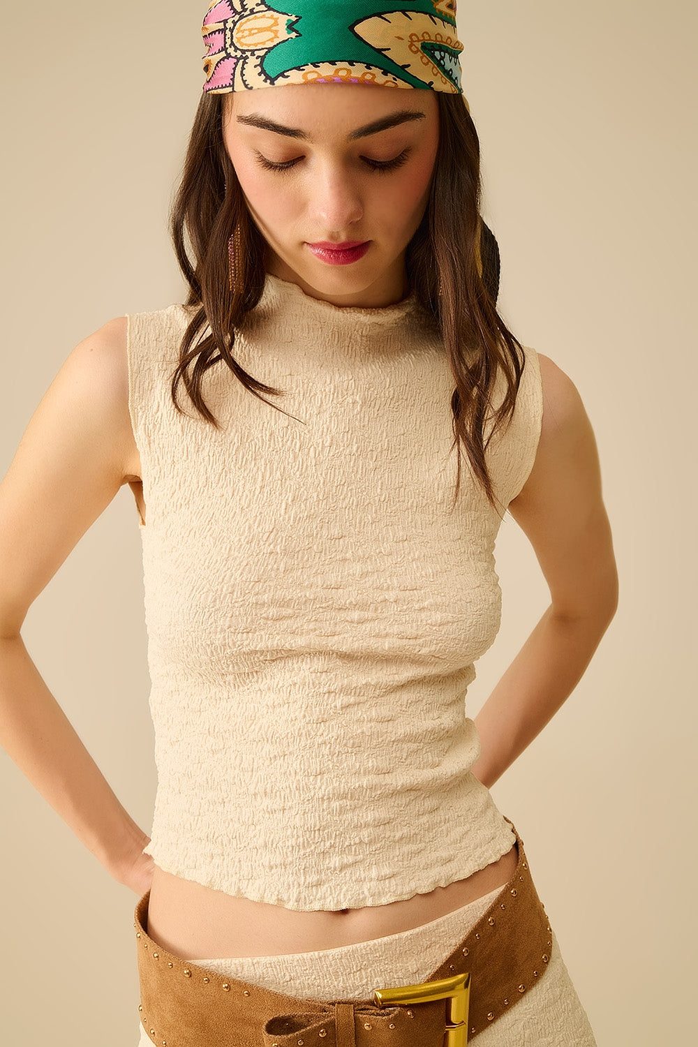 High Neck Textured Knit Sleeveless Top