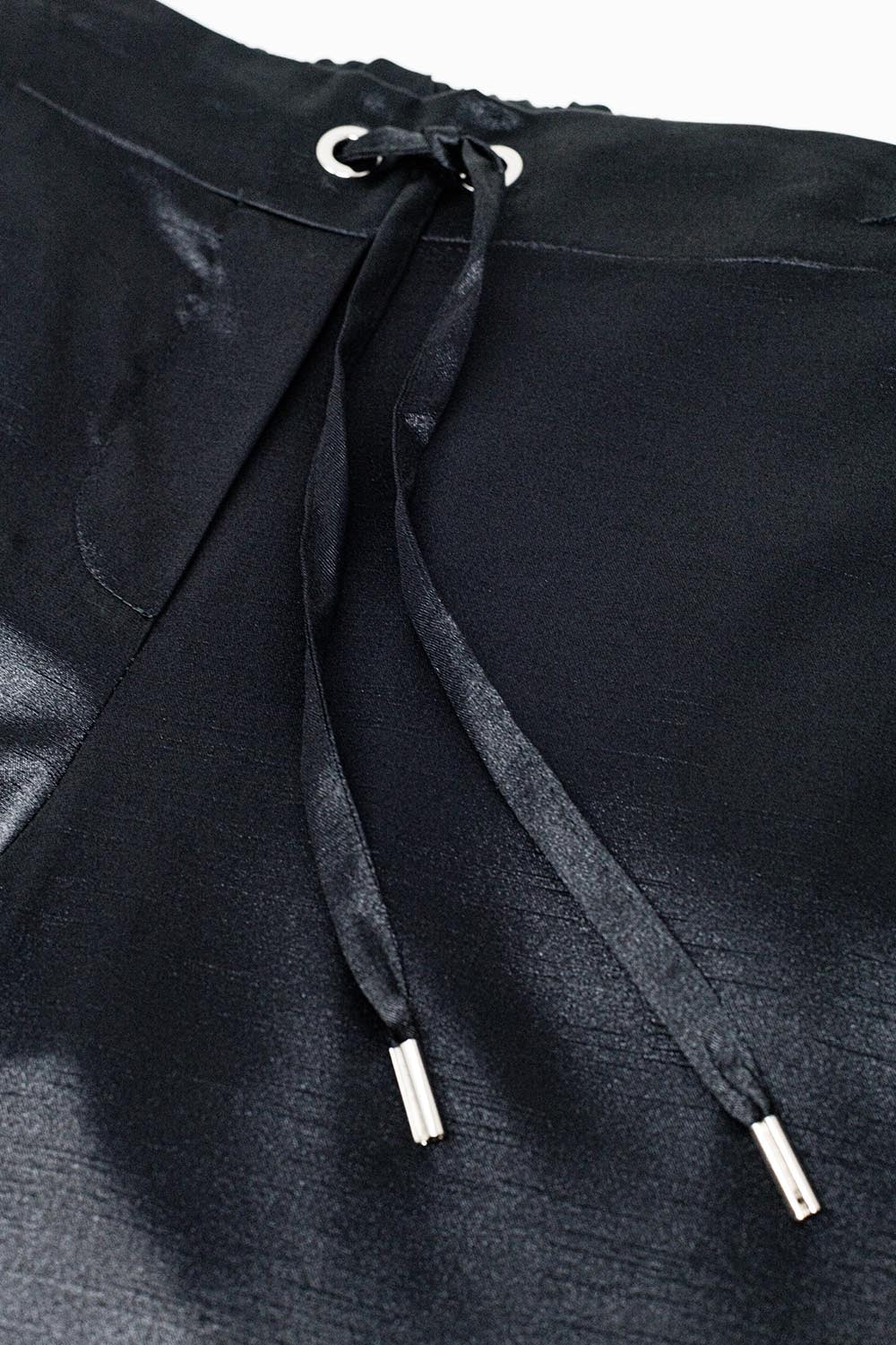 High Waist Black Satin Wide Leg Pants with Drawstring