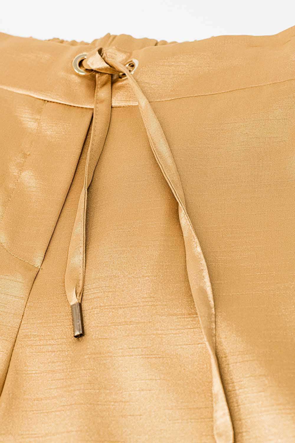 High Waist Golden Beige Satin Wide Leg Pants with Drawstring