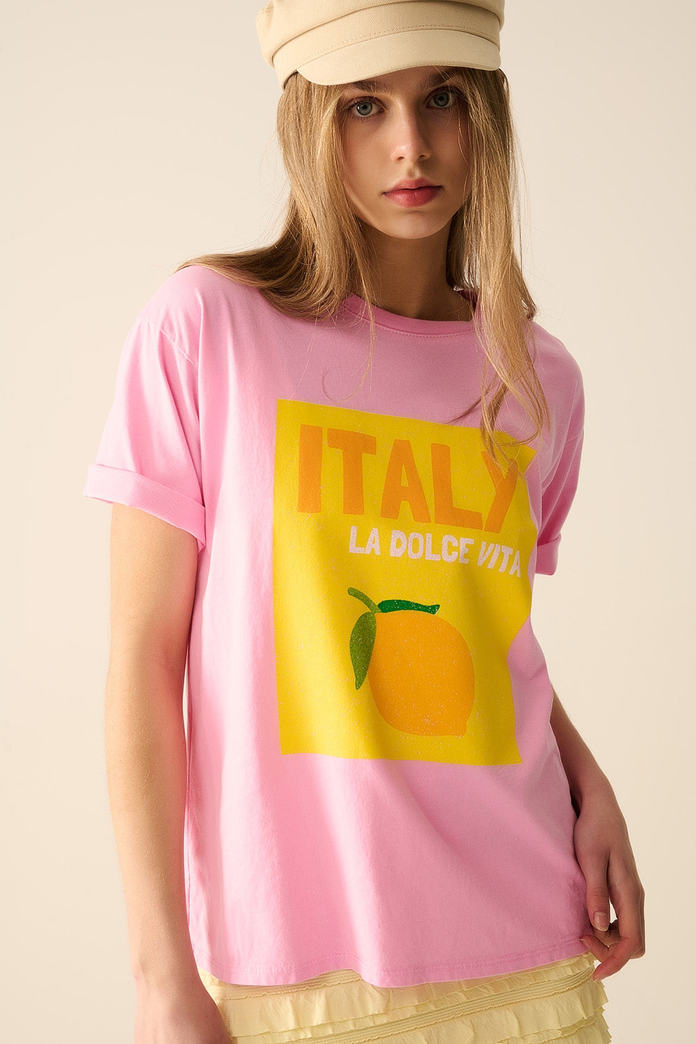 Italy La Dolce Vita Baby Pink T-shirt With Graphic Print