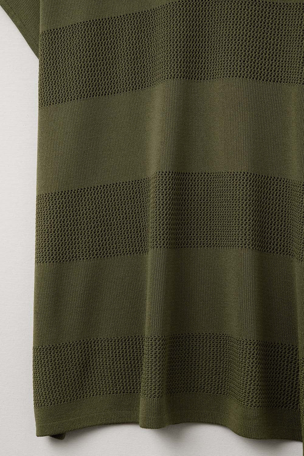 Khaki V-neck knit sweater with open stitch detail