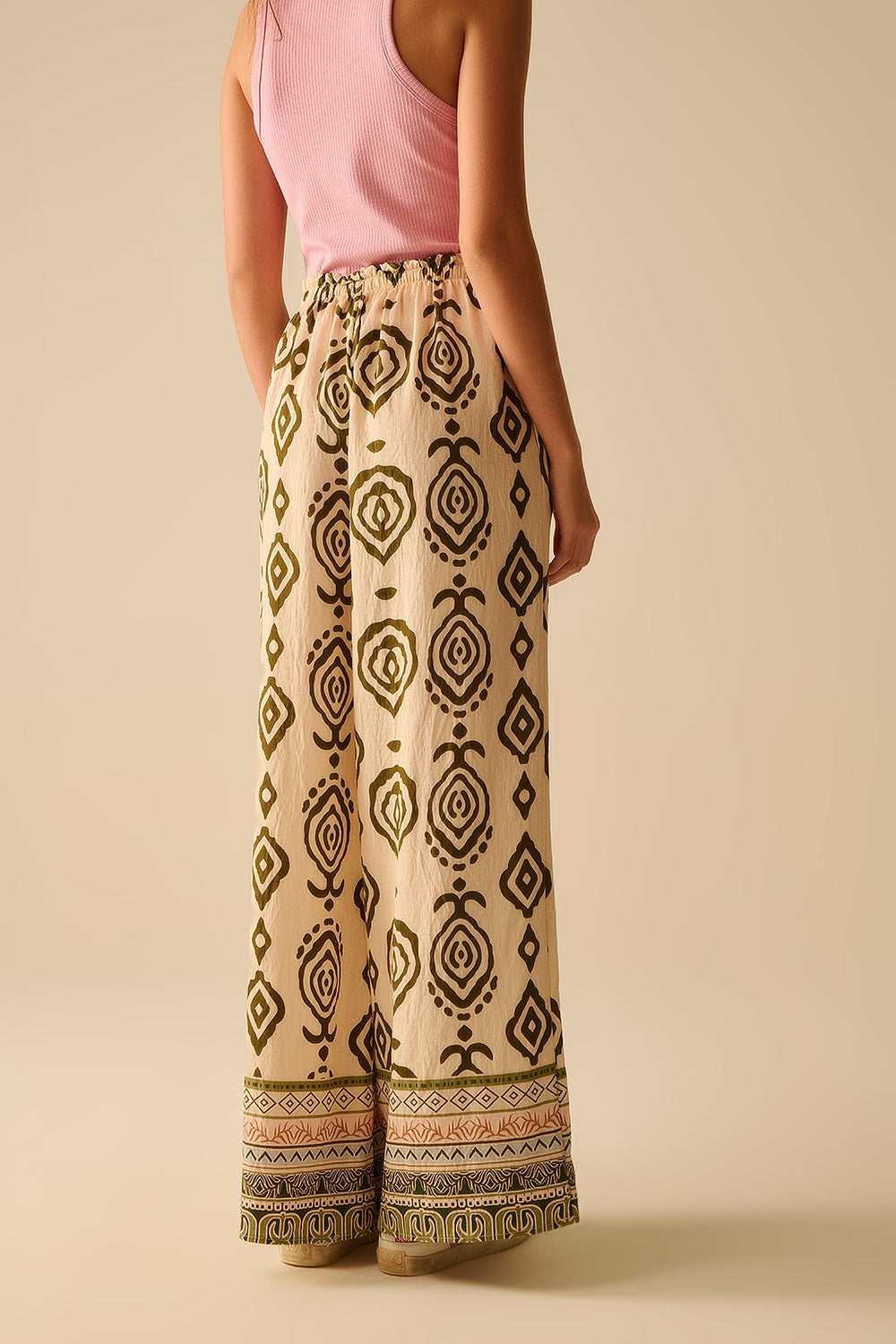 Khaki wide leg boho print pants
