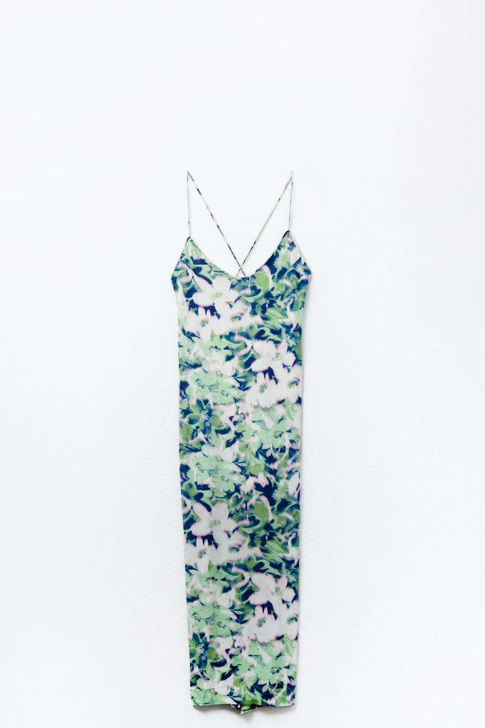 long green floral print dress with wide back neckline