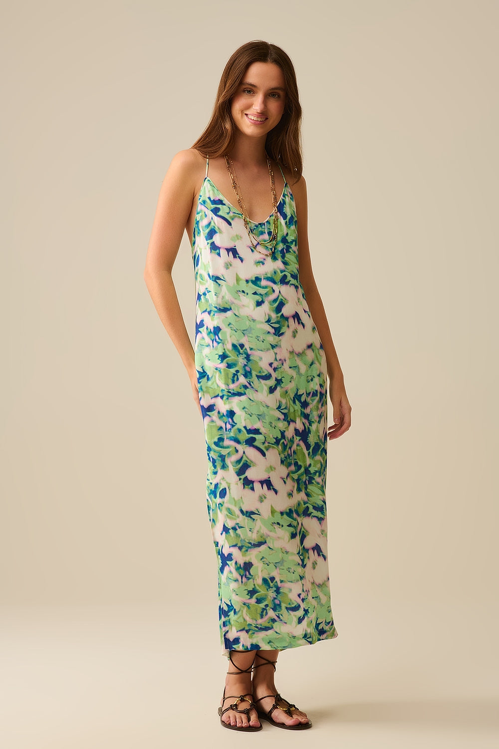 long green floral print dress with wide back neckline