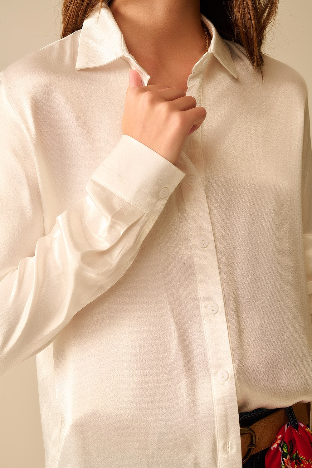 Long Sleeve Button Up satin Blouse With Polo Collar In white color