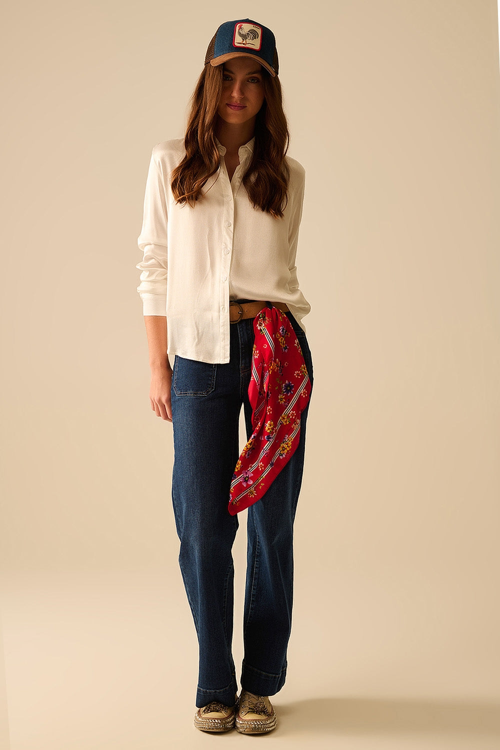 Long Sleeve Button Up satin Blouse With Polo Collar In white color