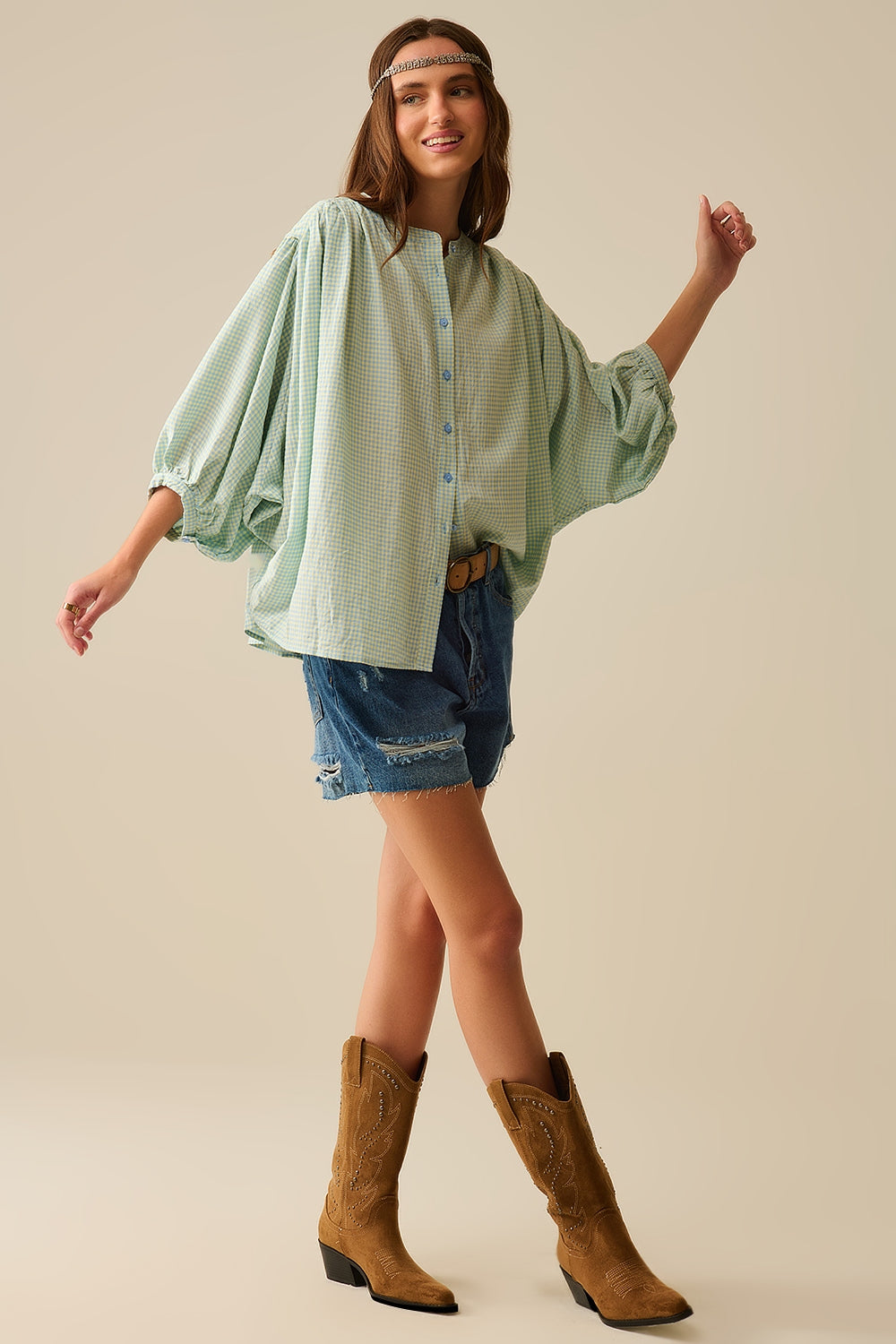 loose light blue gingham blouse