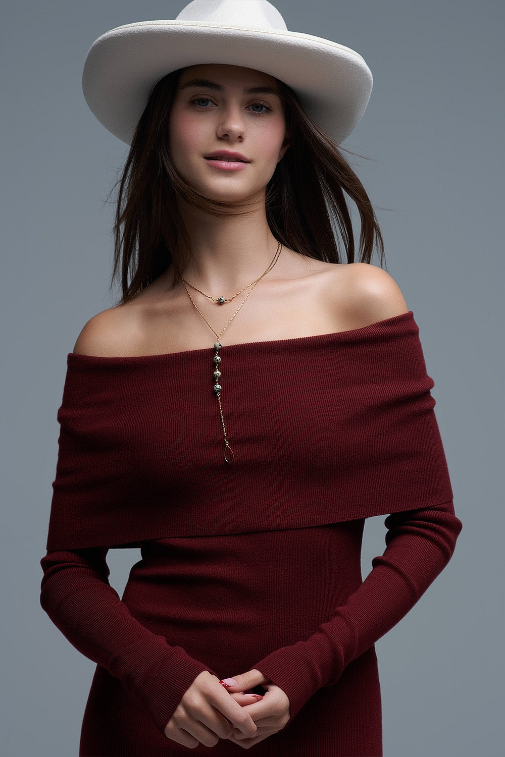 Maxi Knitted wide Bardot Dress in burgundy