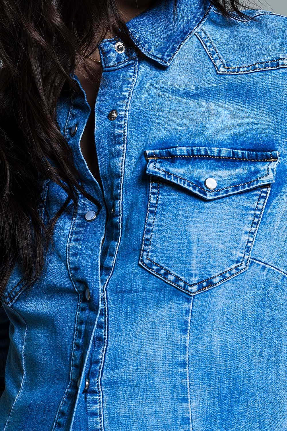Mid Wash Denim Shirt With Chest Pockets And Press Buttons