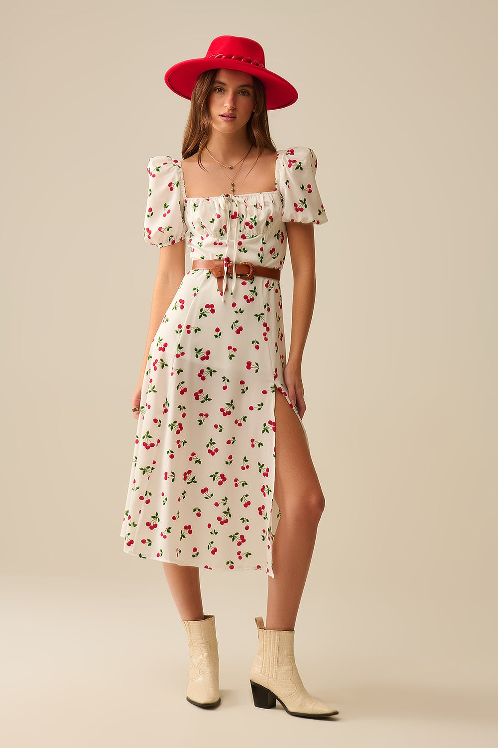 Midi Cherry Print Dress With Puff Sleeves – Secrets of Fashion