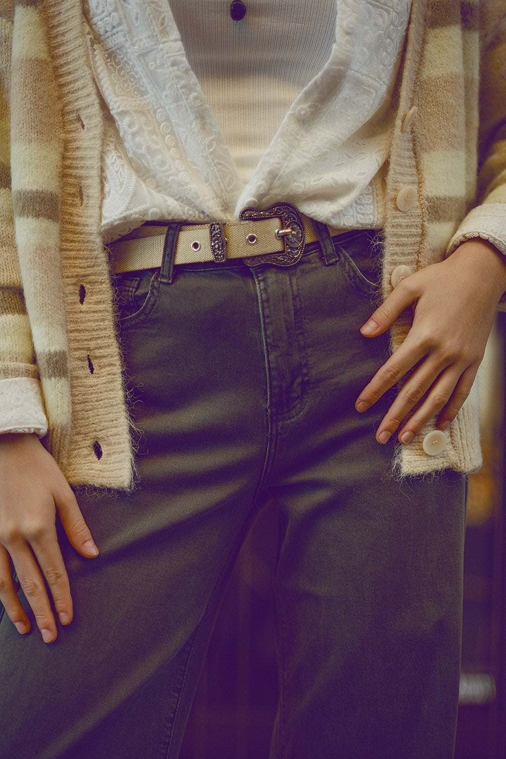 Military green high-waisted wide-leg pants