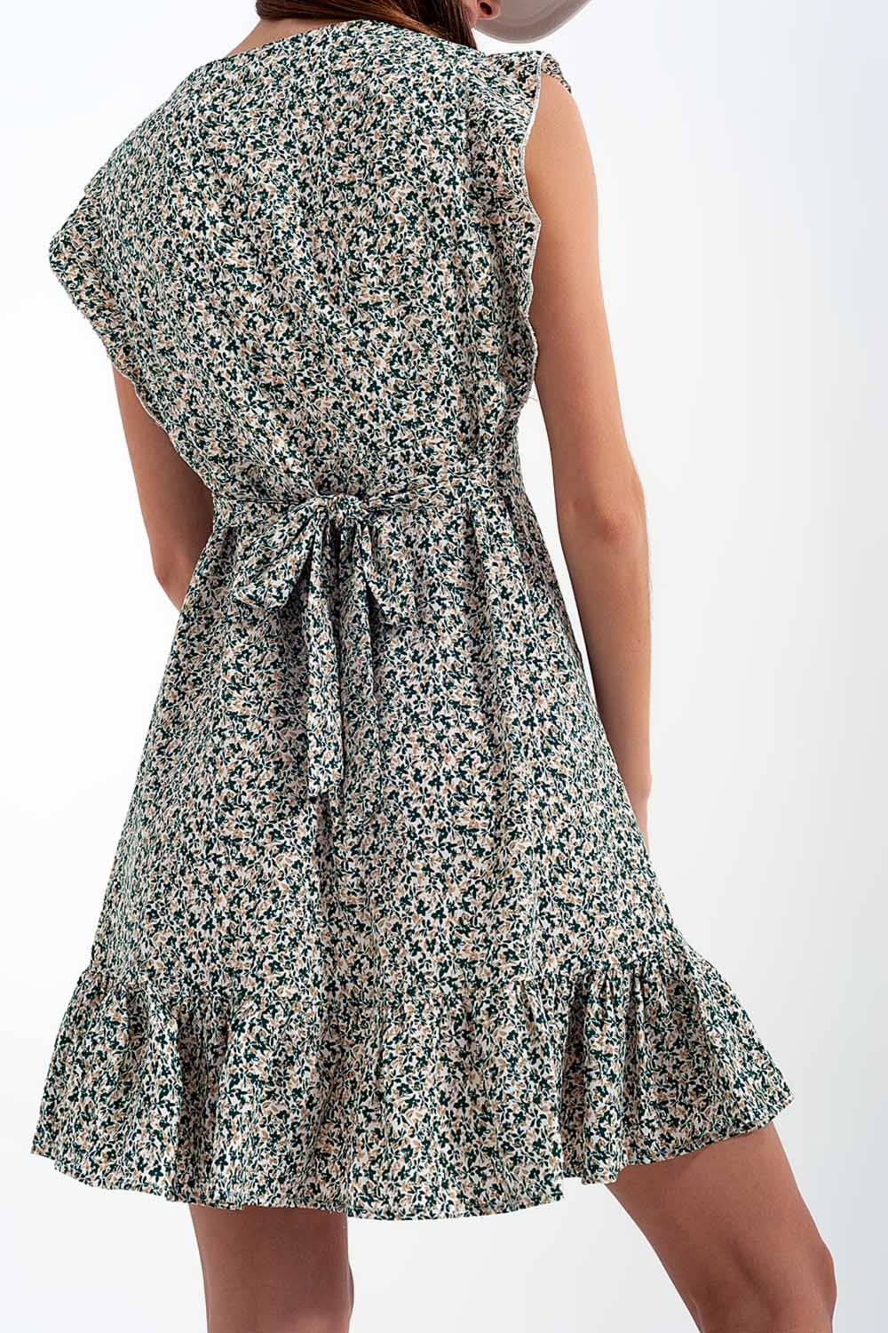 Mini dress with ruffle sleeve in ditsy floral in green