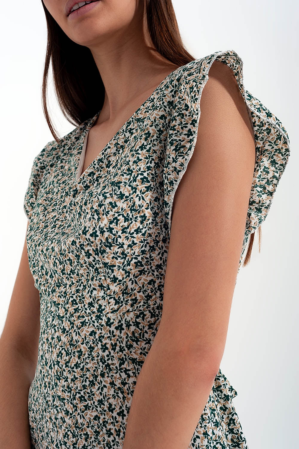 Mini dress with ruffle sleeve in ditsy floral in green