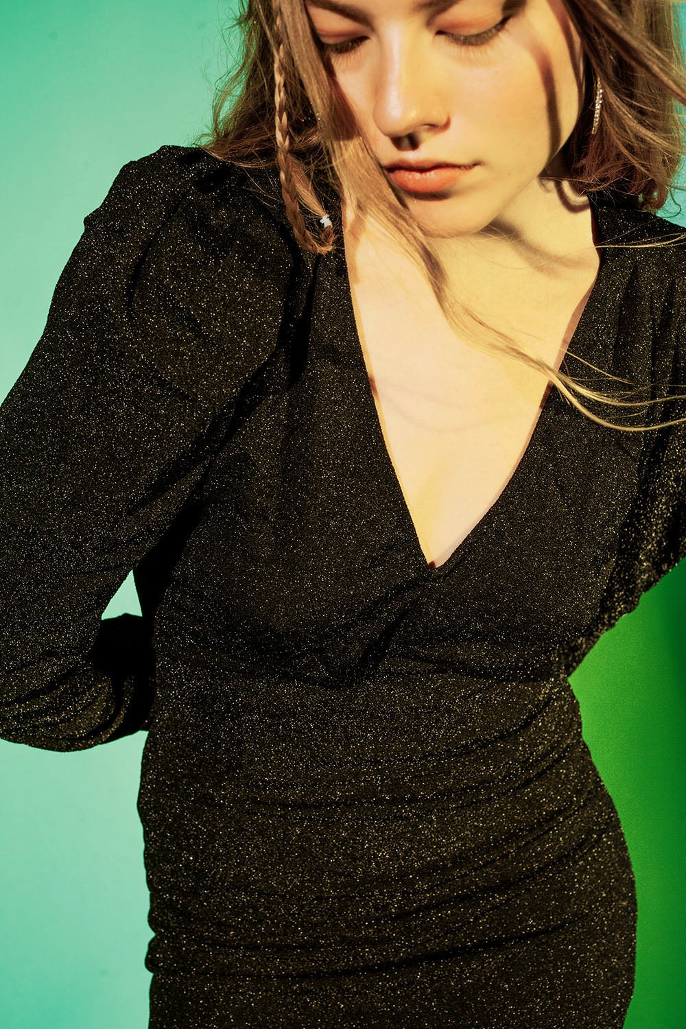 Mini v neck dress in black sparkle