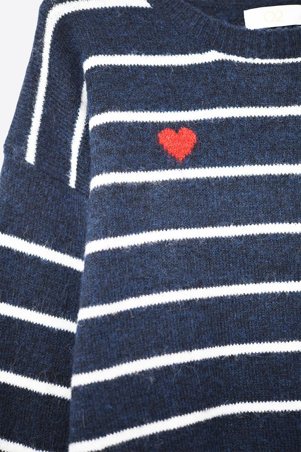 Navy striped knit sweater with red heart detail