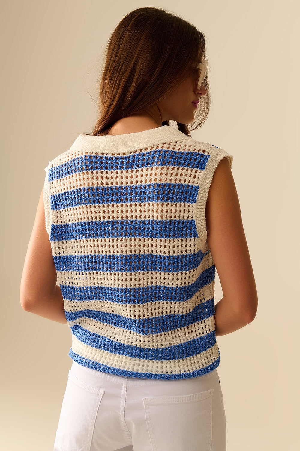 open knit striped sleeveless sweater