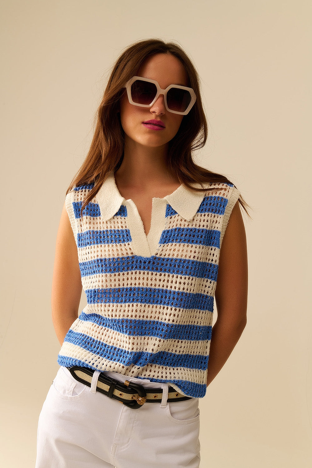 open knit striped sleeveless sweater