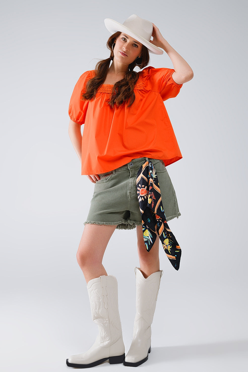 Orange Top With Square Neckline And Short Sleeves