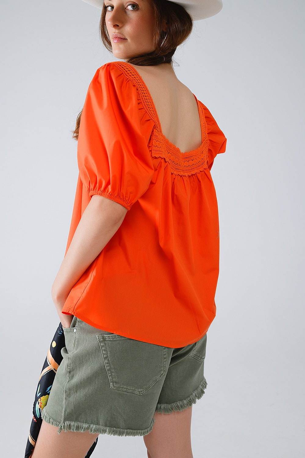Orange Top With Square Neckline And Short Sleeves