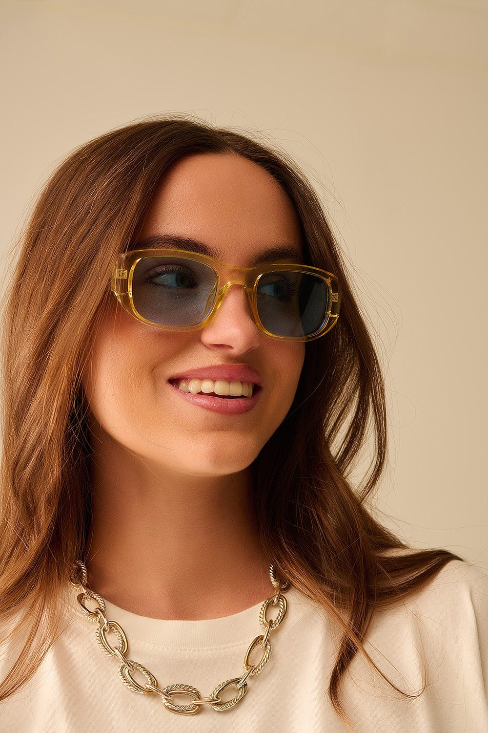 Oval Sunglasses with High Gloss Transparent Frames in yellow