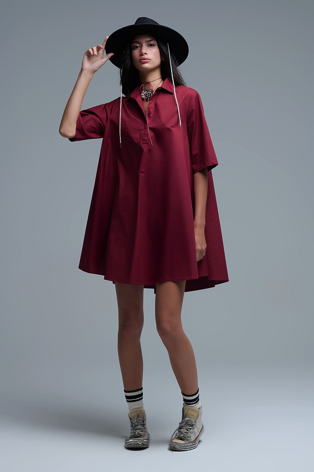 Oversized 3/4 Sleeve Poplin Dress Burgundy