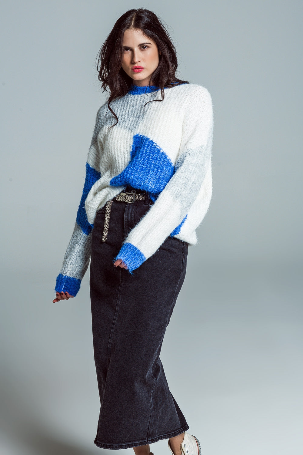 Oversized color block sweater in Blue and white chunky rib