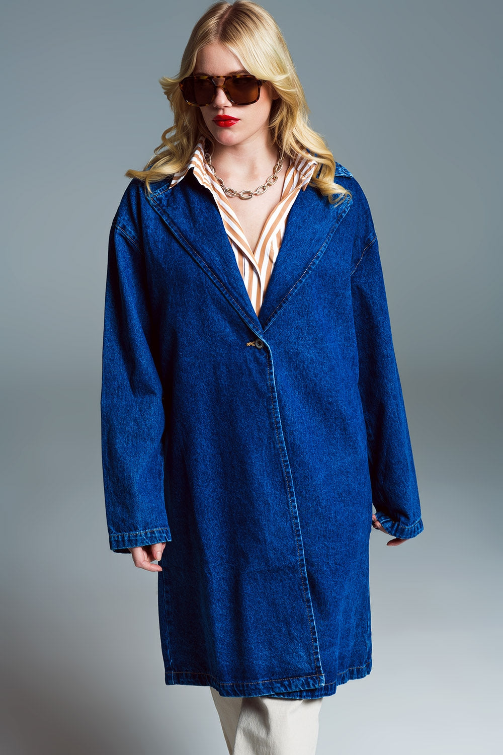 Oversized Denim Coat With Wide Collar in Mid Wash