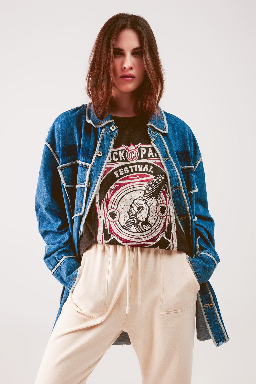 Oversized denim shacket with contour seam detail in mid wash