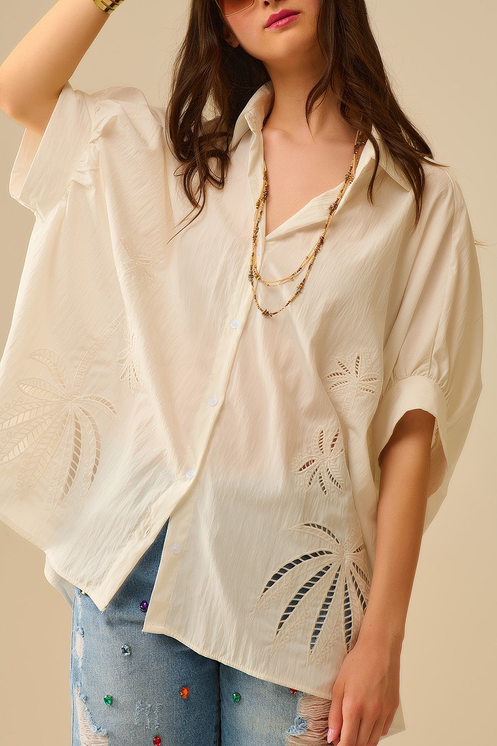 Oversized Embroidered Blouse with Palm Leaf Design