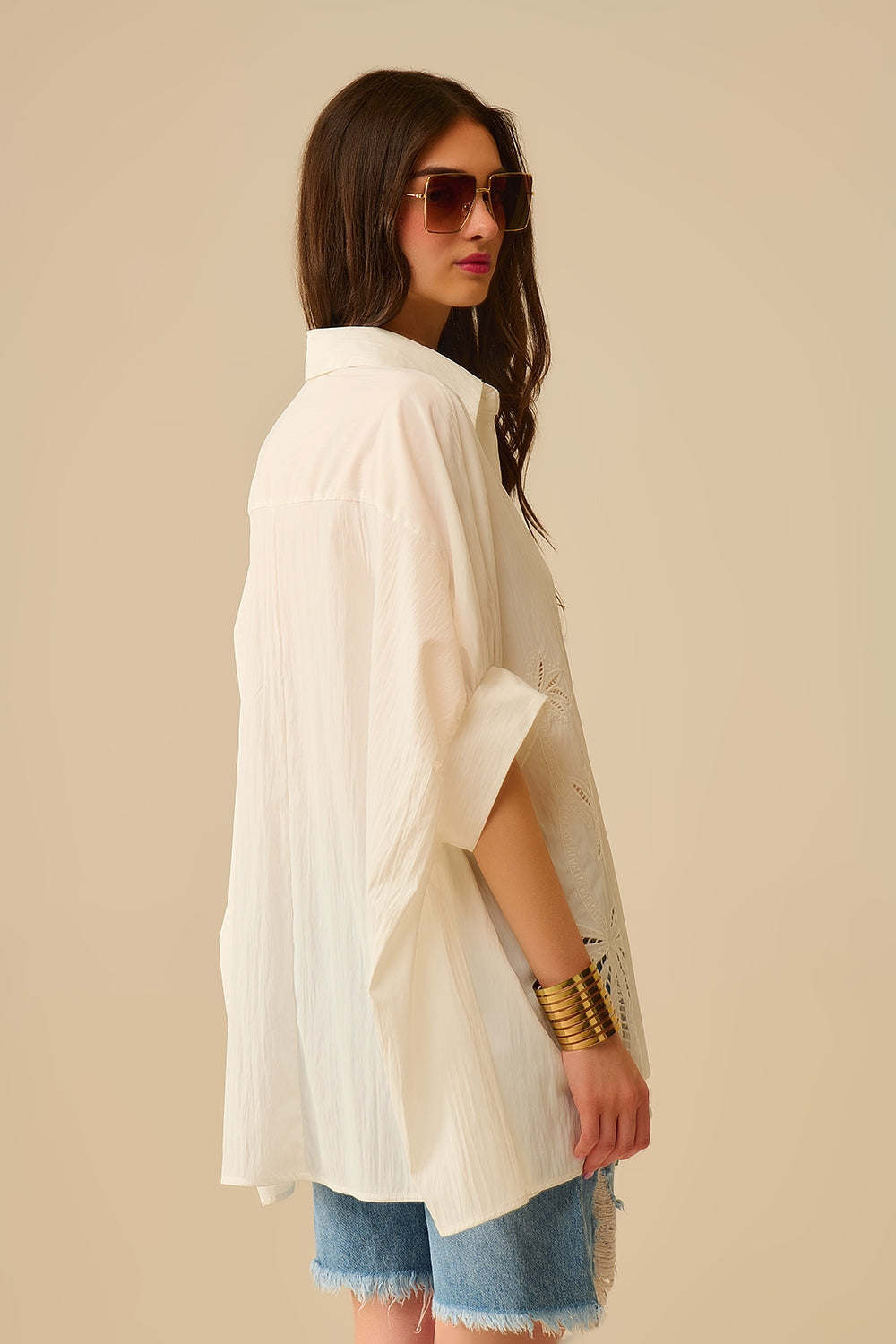 Oversized Embroidered Blouse with Palm Leaf Design