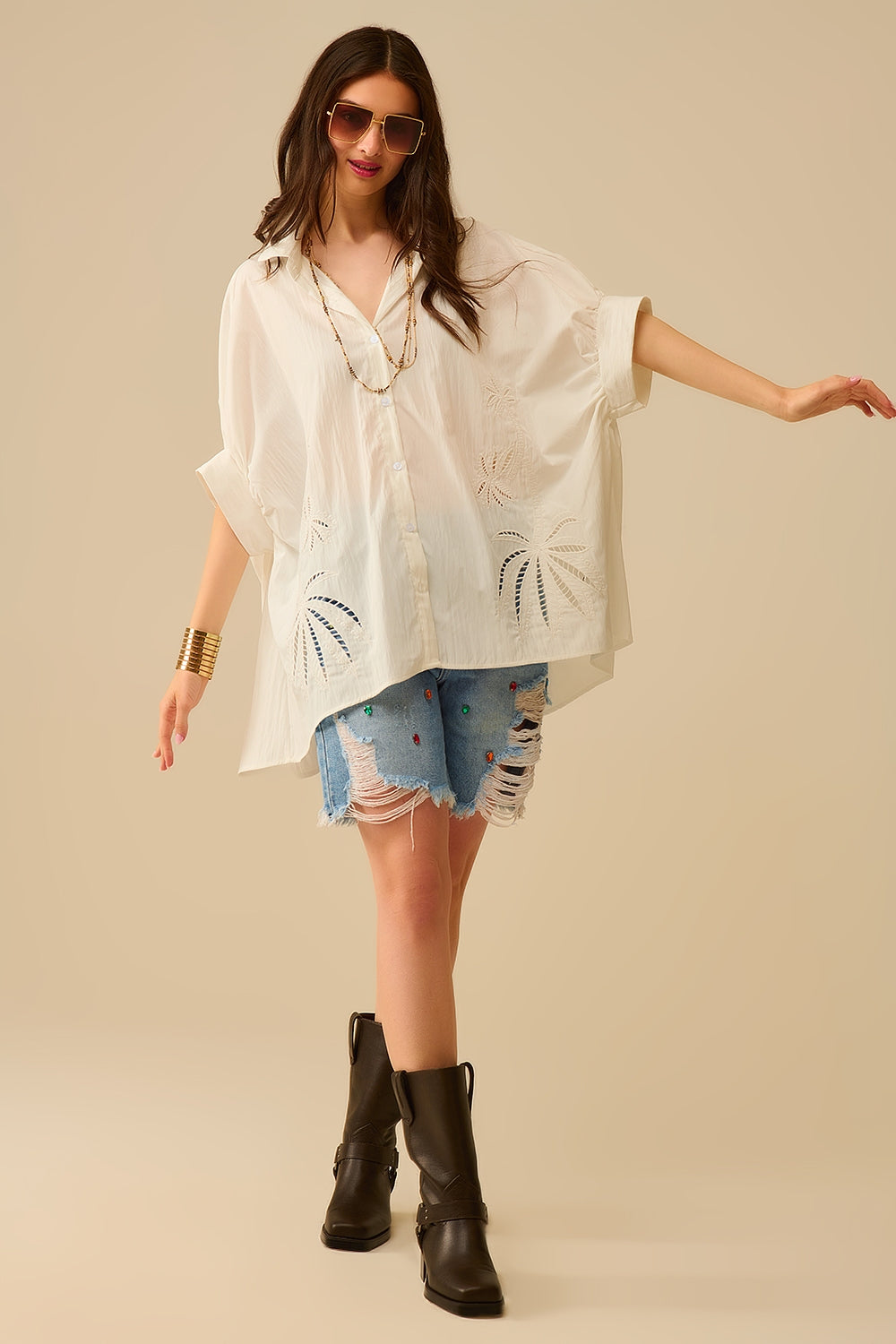 Oversized Embroidered Blouse with Palm Leaf Design