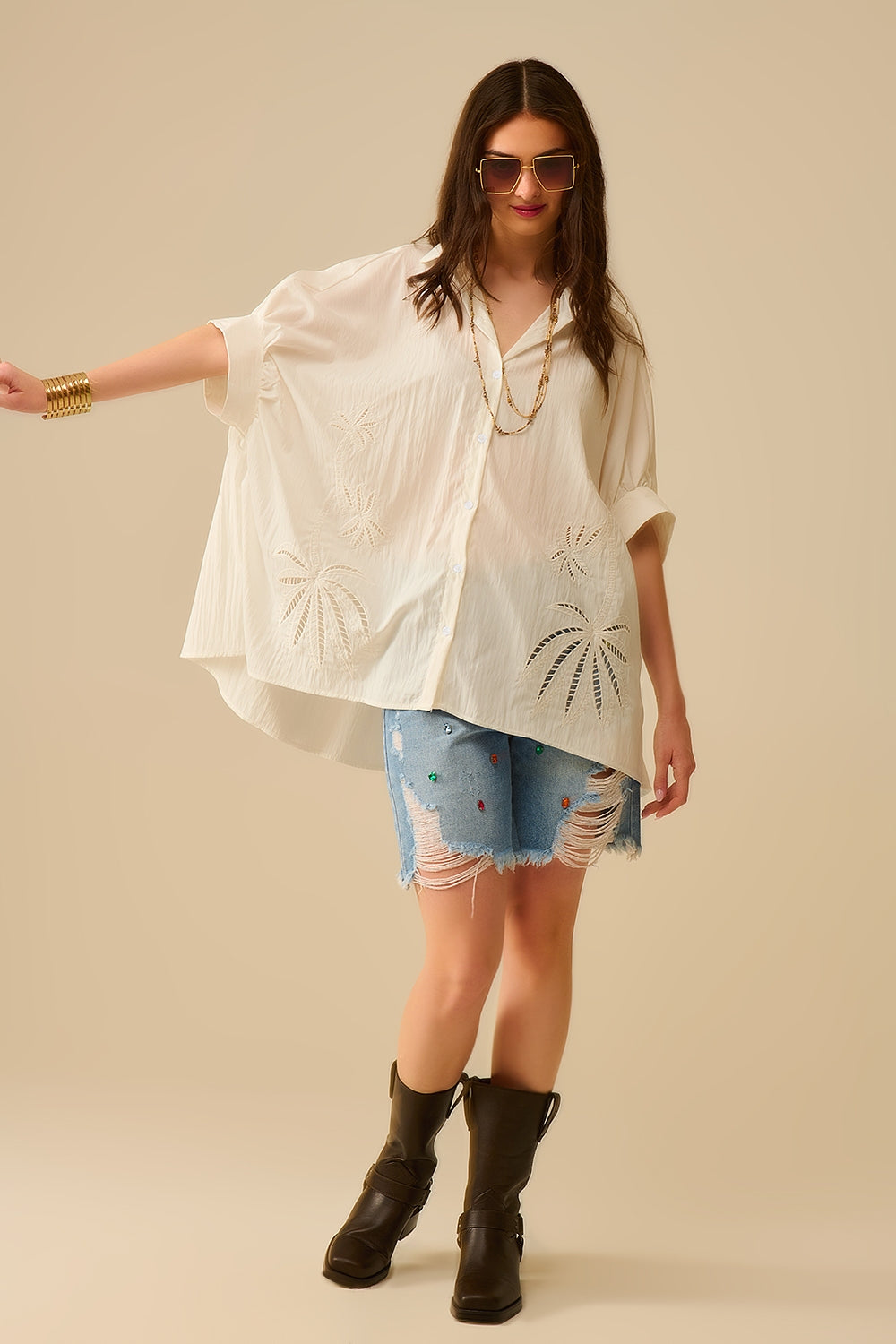 Oversized Embroidered Blouse with Palm Leaf Design