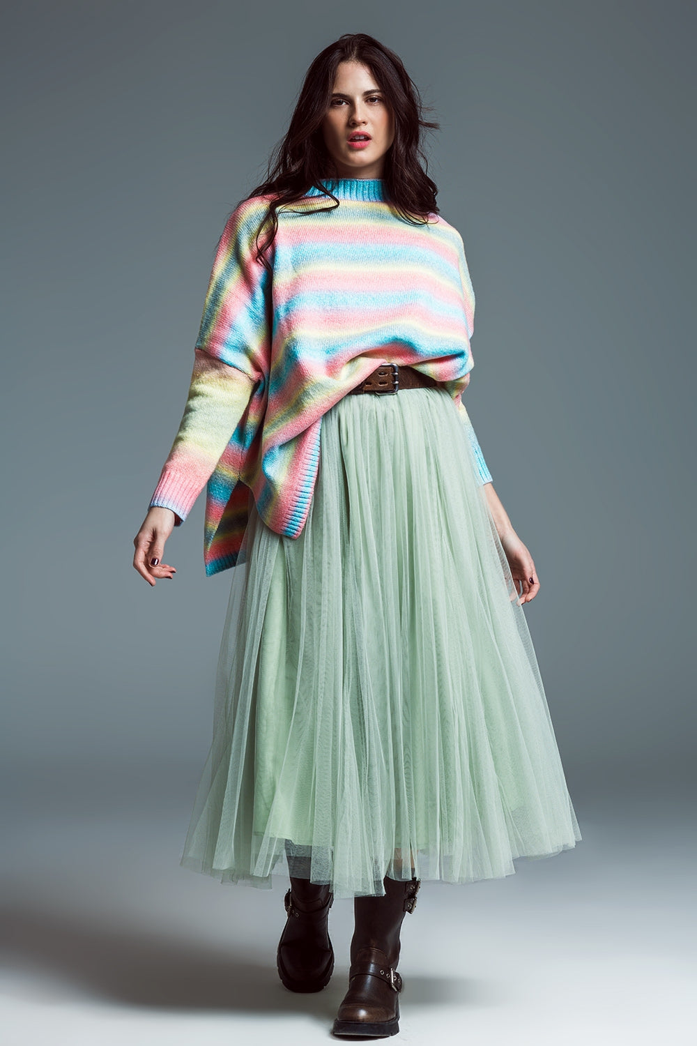 Oversized Multicolor High Necke Sweater With Side Slits