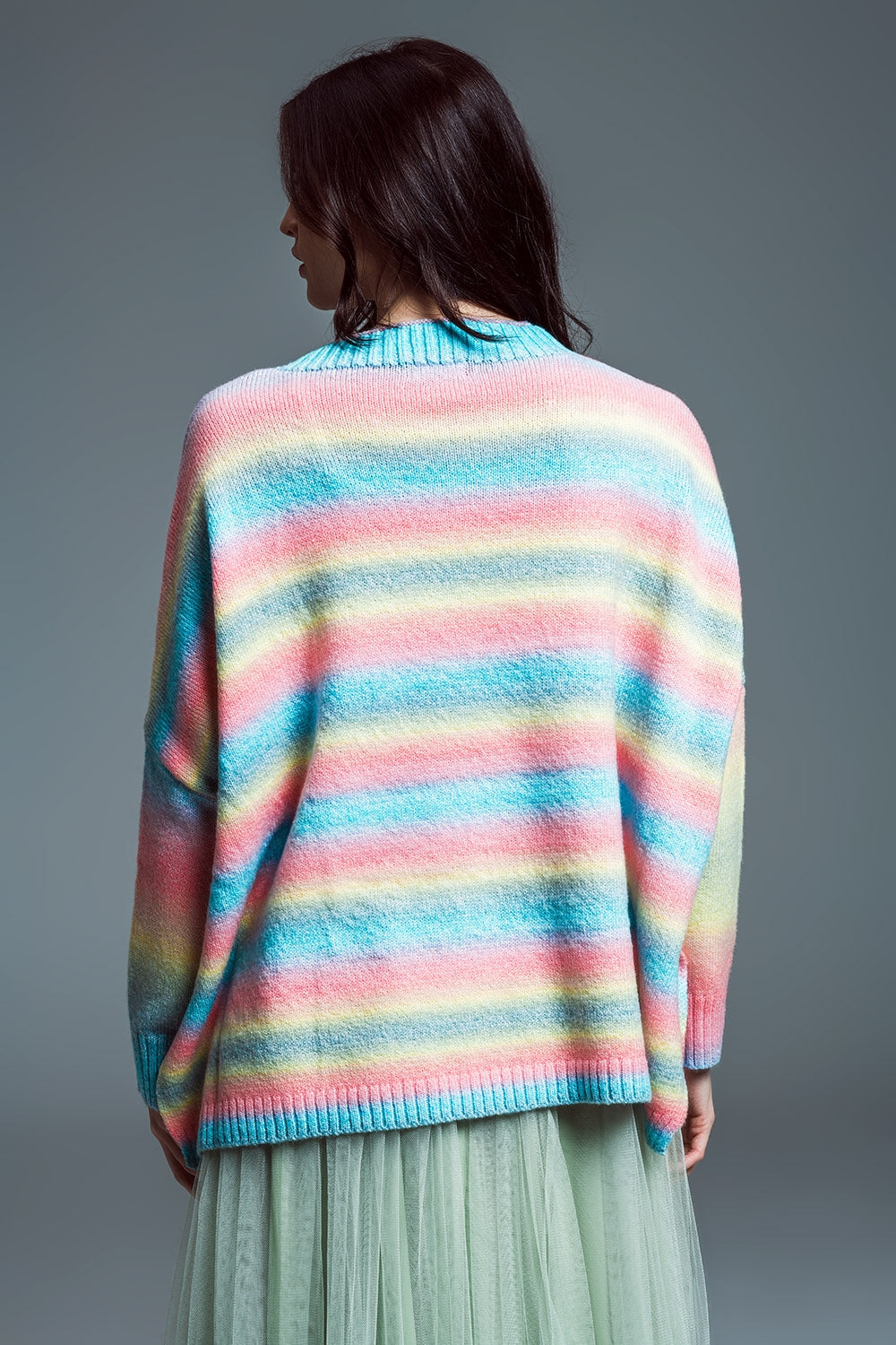 Oversized Multicolor High Necke Sweater With Side Slits