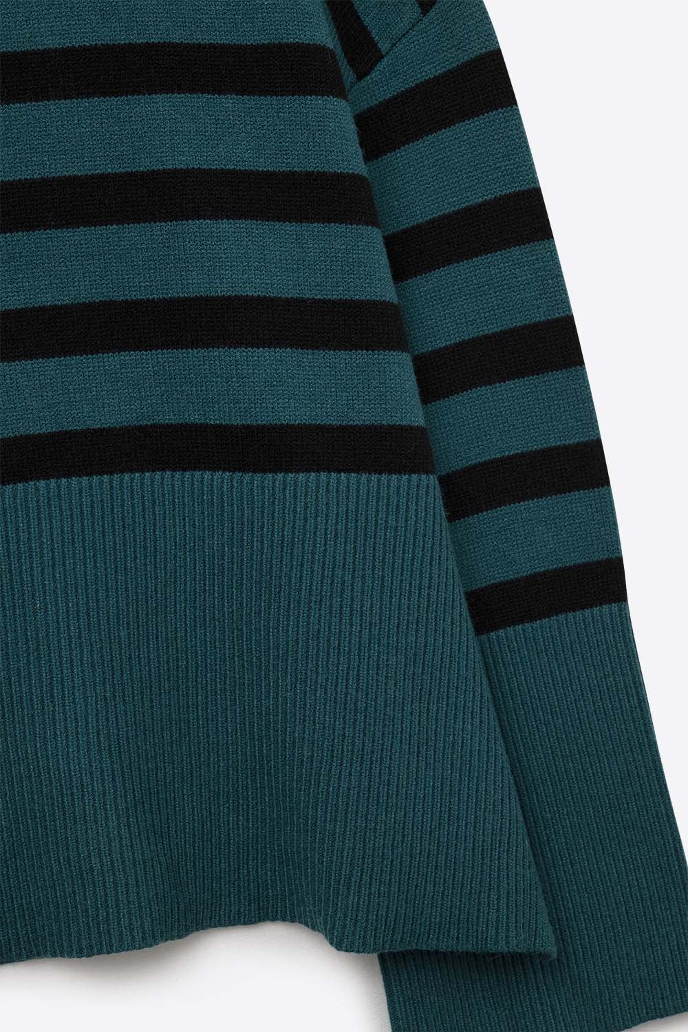oversized turtleneck sweater with black stripes and splits on the side
