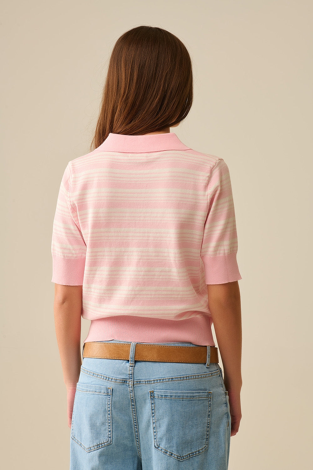 Pink and White Striped Sweater With Polo Neck