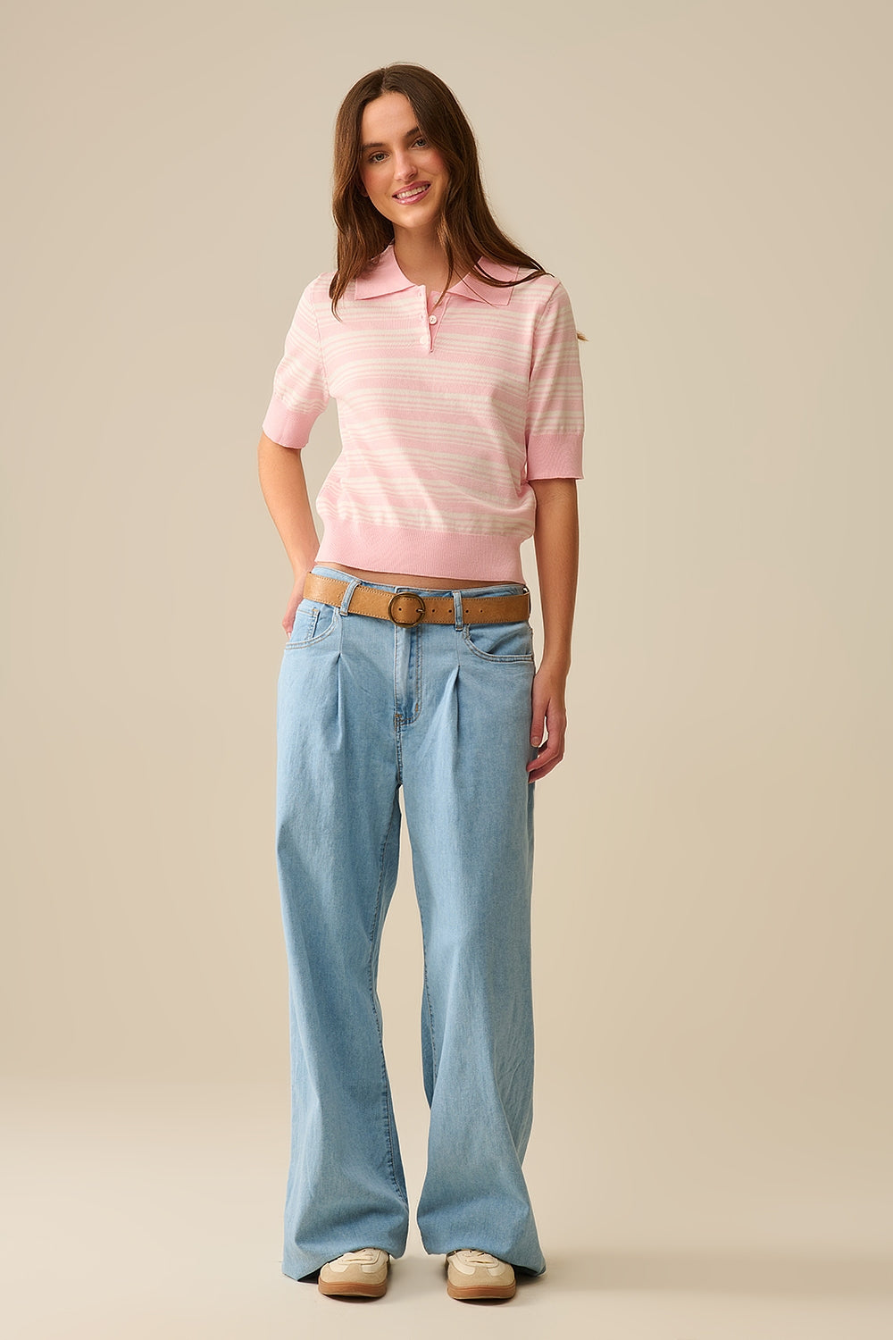 Pink and White Striped Sweater With Polo Neck