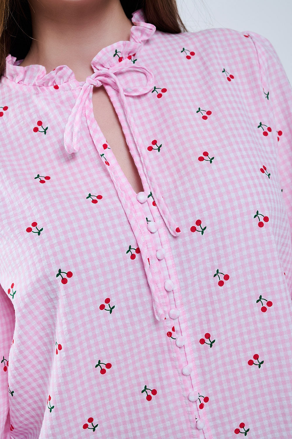 Pink Blouse with Cherry Details and Tied Bow