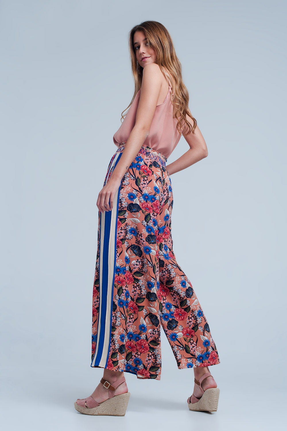 Pink floral pants with side stripe