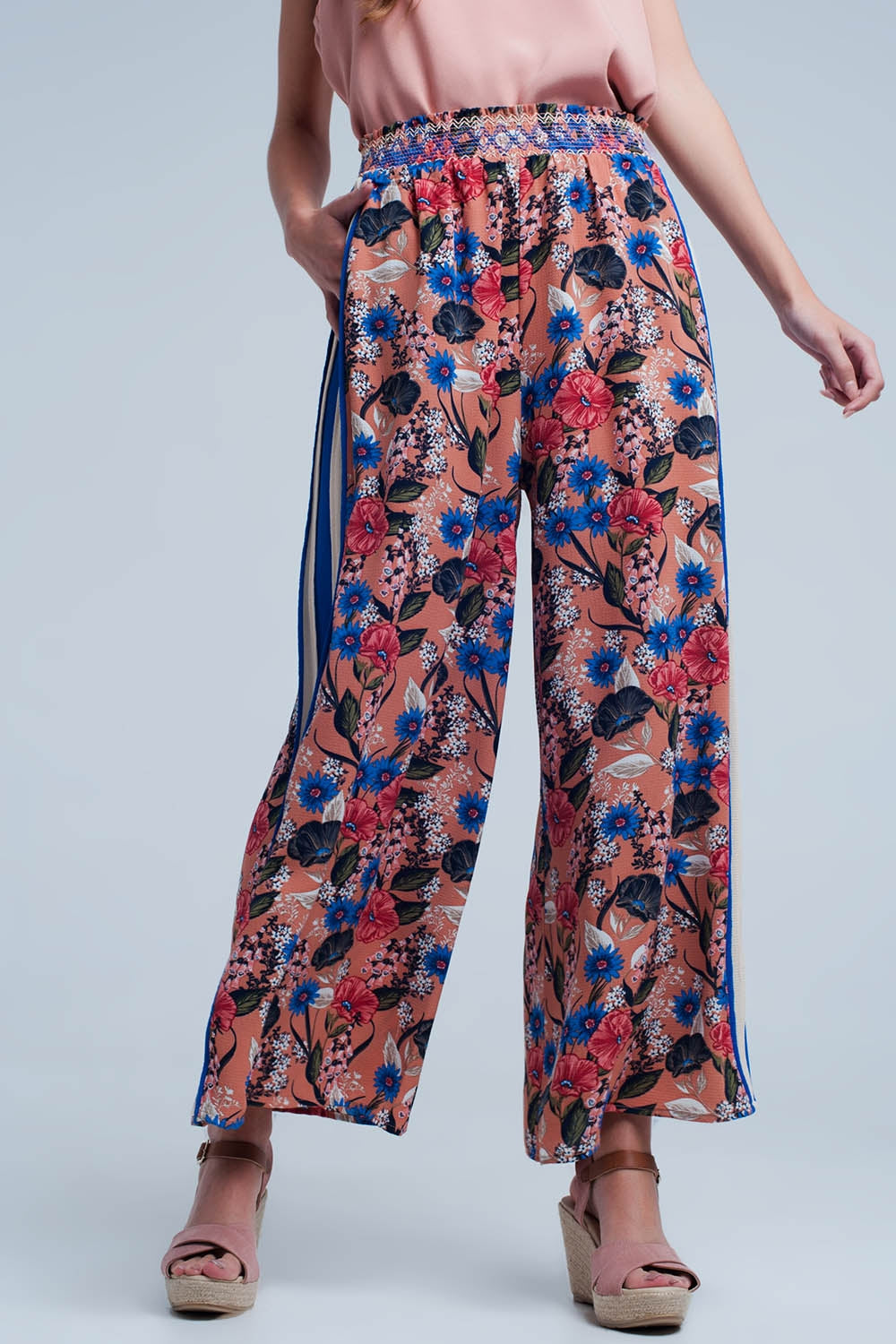 Pink floral pants with side stripe