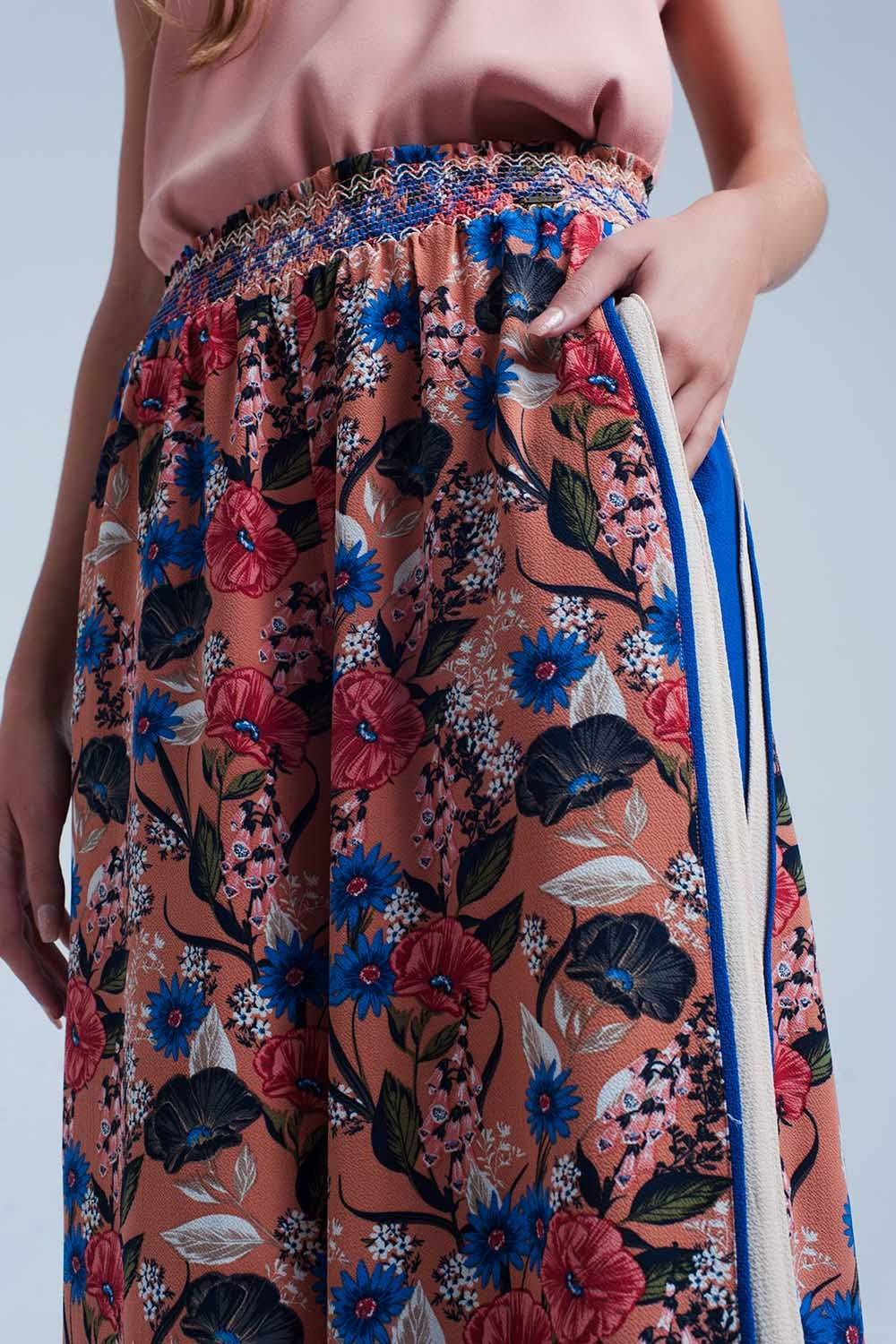 Pink floral pants with side stripe