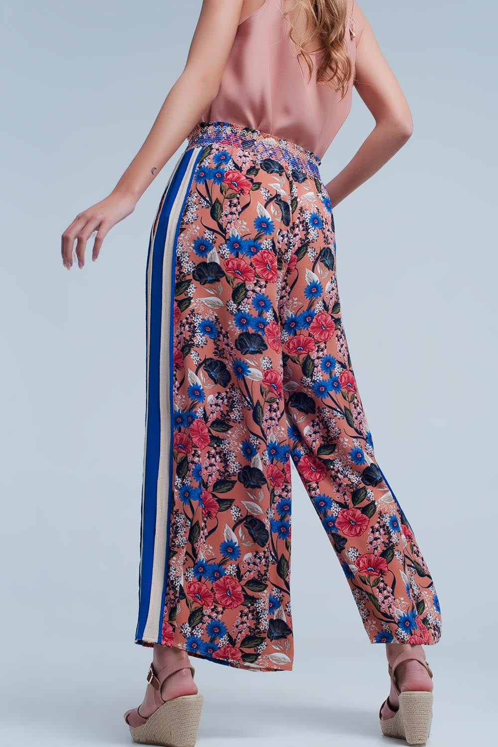 Pink floral pants with side stripe