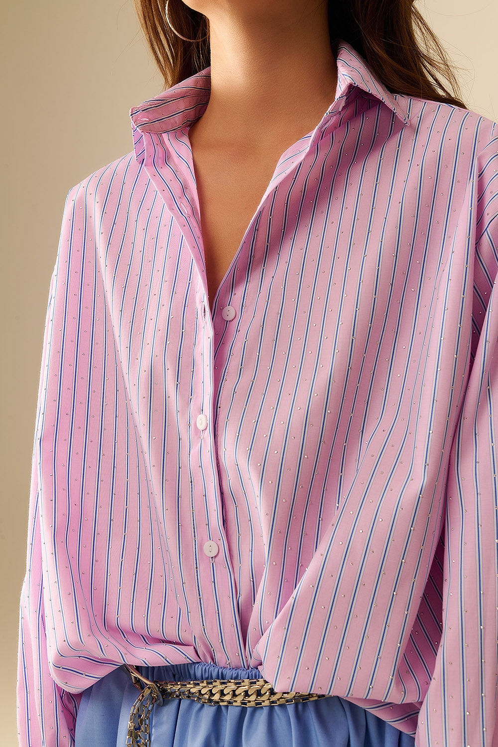 Pink striped poplin shirt embellished with strass